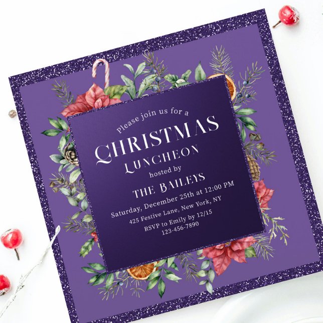 Christmas Holiday Luncheon Glitter Winter Floral Invitation (Creator Uploaded)