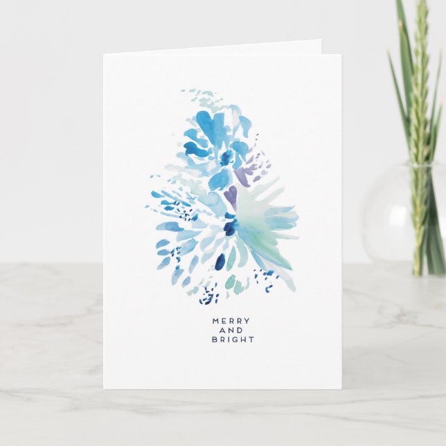 Christmas Holiday Merry  Bright Blue Wattercolor Card (Front)