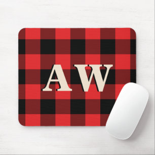 Christmas Holiday Monogram Red Black Gingham Mouse Pad
