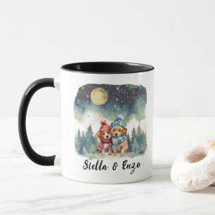 Christmas Holiday Moon Rustic Dog Couple Red Blue Mug