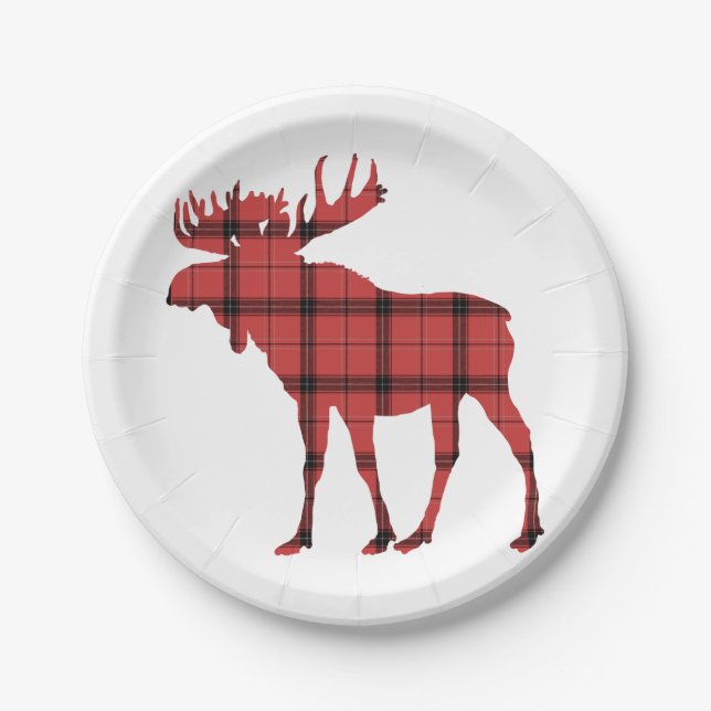 Christmas Holiday Moose Red Plaid Tartan Pattern Paper Plate (Front)
