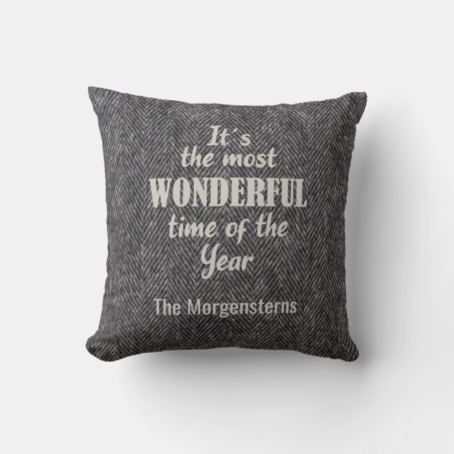 Christmas Holiday Most Wonderful Time Herringbone Throw Pillow (Front)