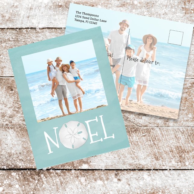 Christmas Holiday Noel Photo Simple Beach Budget  (Holiday Christmas Noel Sand Dollar Beach Typography Postcard.)