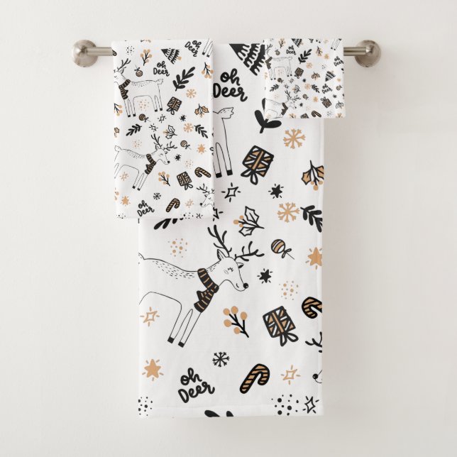 Christmas Holiday Oh Deer Reindeer SeamlessPattern Bath Towel Set (Insitu)