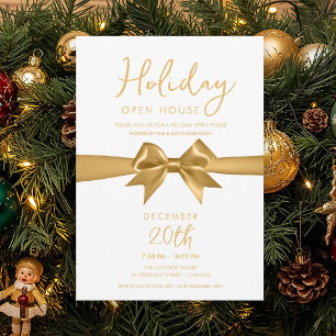 Christmas Holiday Open House Gold Bow Party Invitation