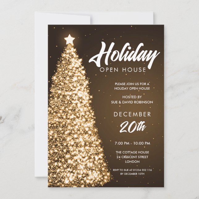 Christmas Holiday Open House Party Gold  Invitation (Front)