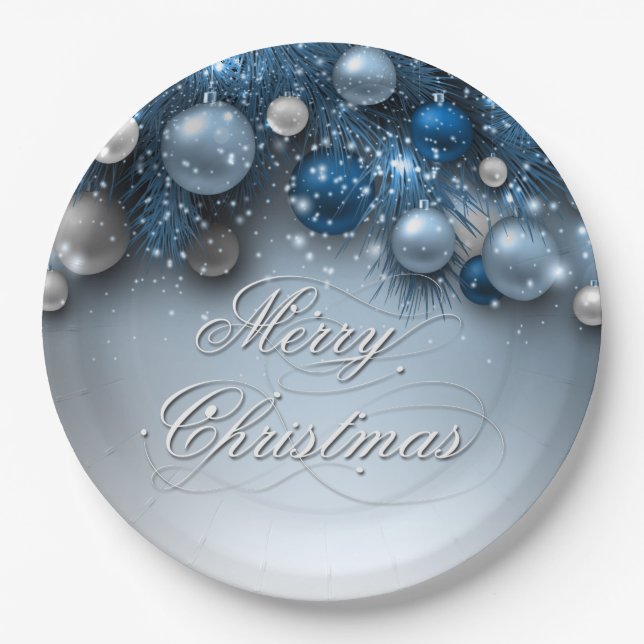 Christmas Holiday Ornaments - Blues Paper Plate (Front)