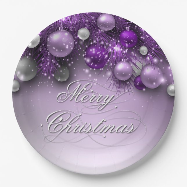 Christmas Holiday Ornaments - Purples Paper Plate (Front)