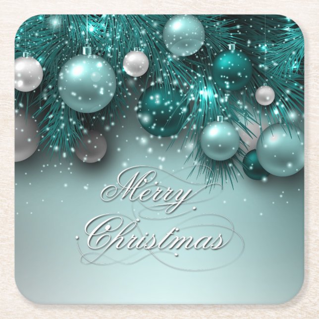 Christmas Holiday - Ornaments Teal Square Paper Coaster (Front)
