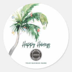 Christmas Holiday Palm Tree Business Name Classic Round Sticker