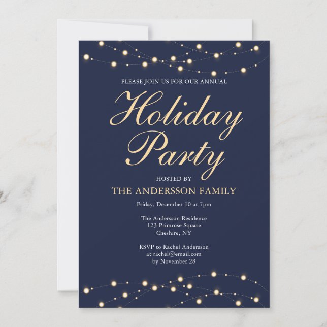 Christmas Holiday Party Elegant Gold String Lights Invitation (Front)