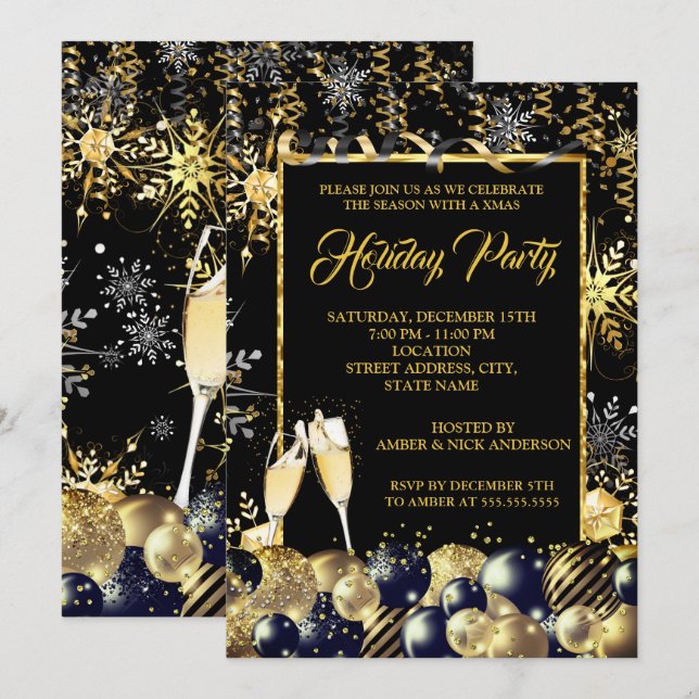 Christmas Holiday Party Gold Black Snowflakes Invitation (Front/Back)
