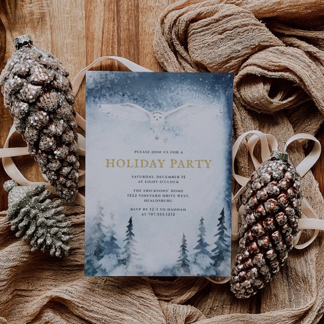  Christmas Holiday Party Modern Blue Forest Owl  Invitation (Creator Uploaded)