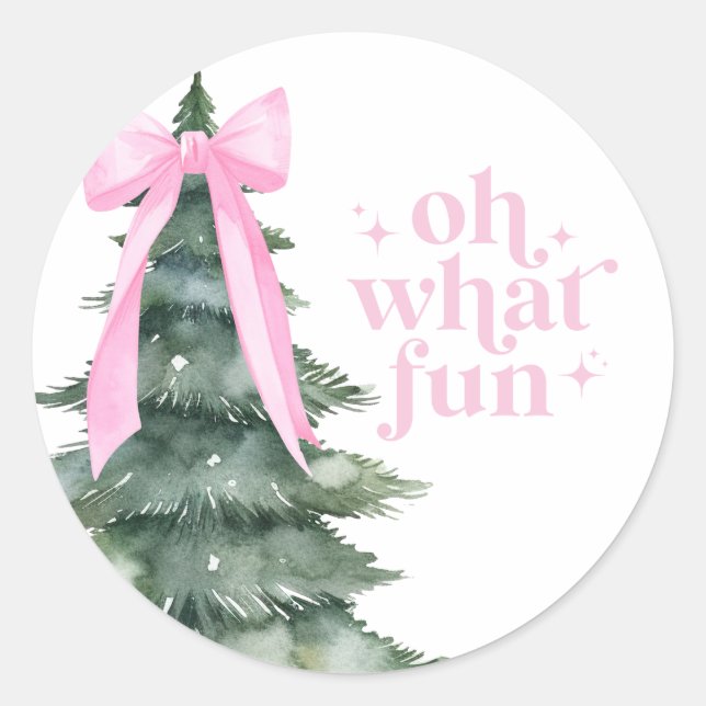 Christmas Holiday Party Oh What Fun Pink Classic Round Sticker (Front)