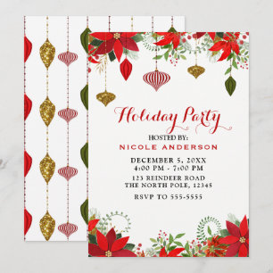 Christmas Holiday Party Ornaments & Poinsettia Invitation