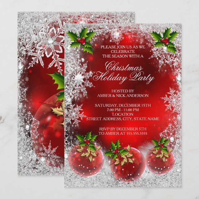 Christmas Holiday Party Red Holly Bauble Snowflake Invitation (Front/Back)