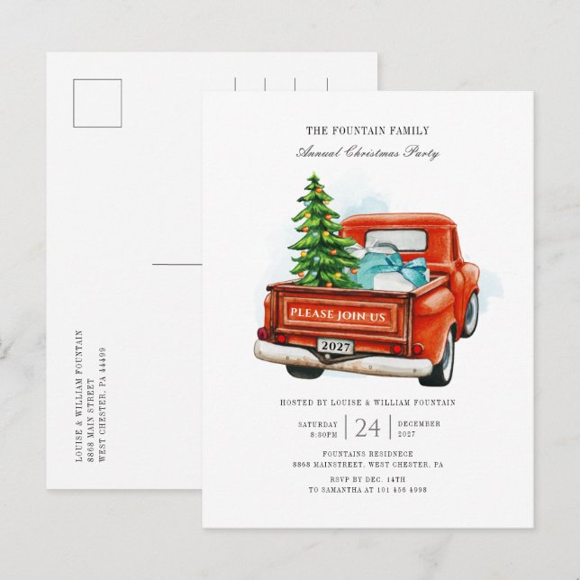 Christmas Holiday Party Red Vintage Truck Invitation Postcard (Front/Back)