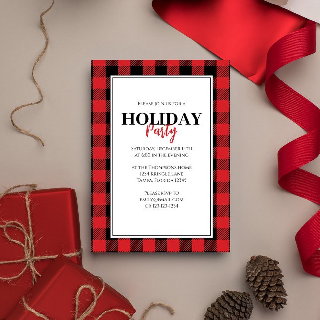 Christmas Holiday Party Rustic Red Buffalo Plaid  Invitation (Holiday red and black buffalo check patterned invitation.)