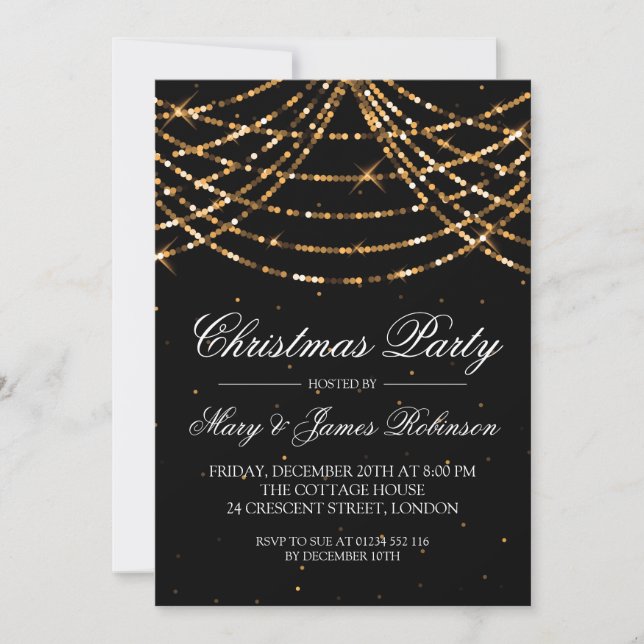 Christmas Holiday Party String Lights Gold Invitation (Front)