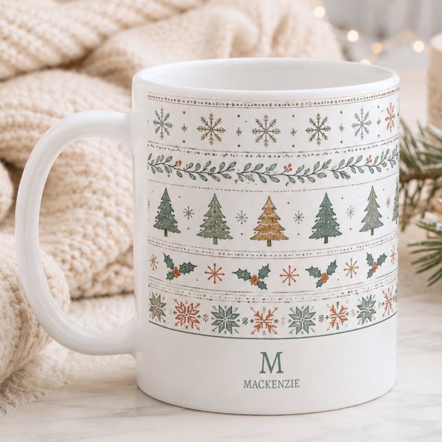 Christmas Holiday Pattern Monogram Coffee Mug (elegant cozy hygge Christmas winter holiday pattern mug with custom monogram initial and name)