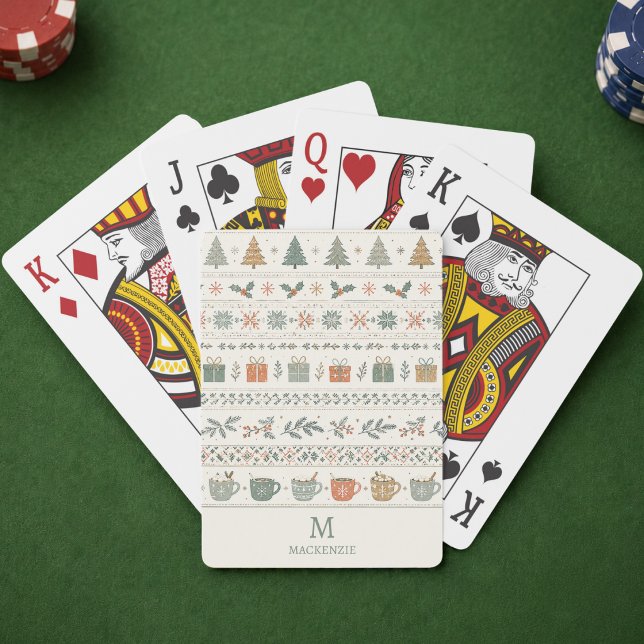 Christmas Holiday Pattern Monogram Playing Cards (elegant cozy hygge festive christmas holiday playing cards with custom monogram initial and name)
