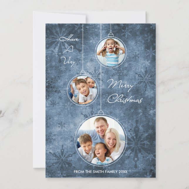 Christmas Holiday Photo Card Blue Snowflakes (Front)