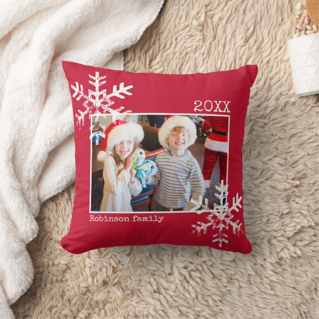 Christmas Holiday Photo Distressed Snowflakes | Throw Pillow (Blanket)