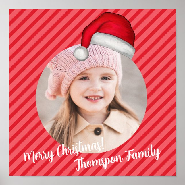 Christmas Holiday Photo Festive Red Striped Poster (Front)