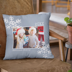 Christmas Holiday Photo Snowflakes Dusty Blue Throw Pillow