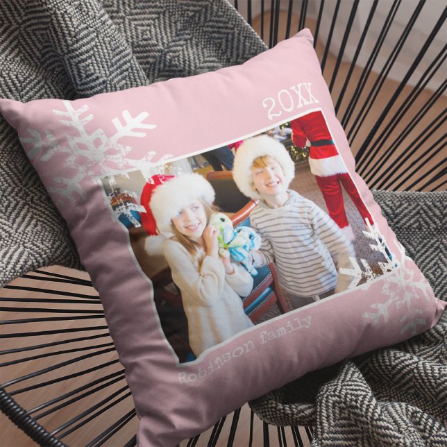 Christmas Holiday Photo Snowflakes Pink Throw Pillow (Rustic snowflake family holiday keepsake photo pillow perfect for decorate your home.)