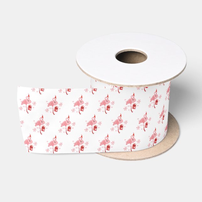 Christmas Holiday Pink Flamingo Pattern Satin Ribbon (Spool)
