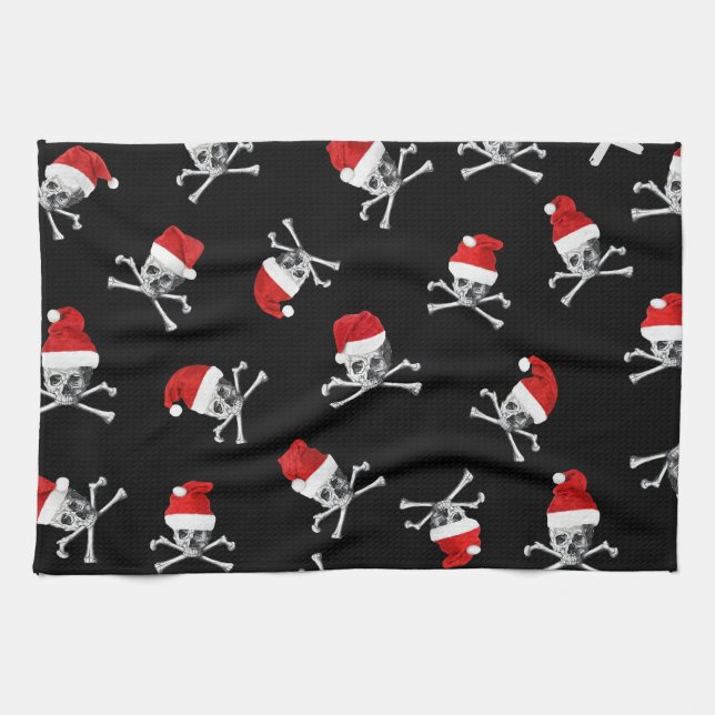 Christmas Holiday Pirate Skulls on Black Kitchen Towel (Horizontal)