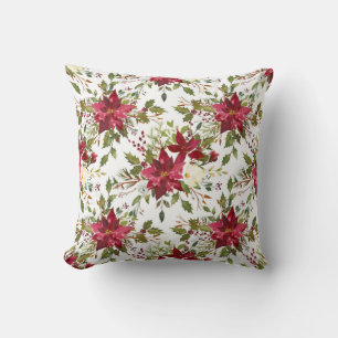 Christmas Holiday Poinsettia Flower Holly Berry Throw Pillow