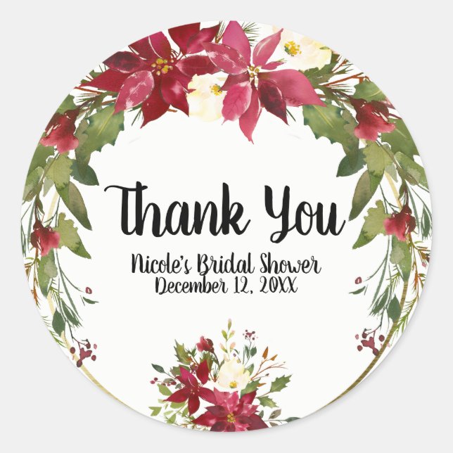 Christmas Holiday Poinsettia Flower Winter Floral Classic Round Sticker (Front)