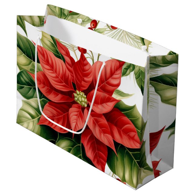 Christmas Holiday Poinsettia Holly Berry Red Green Large Gift Bag (Front Angled)