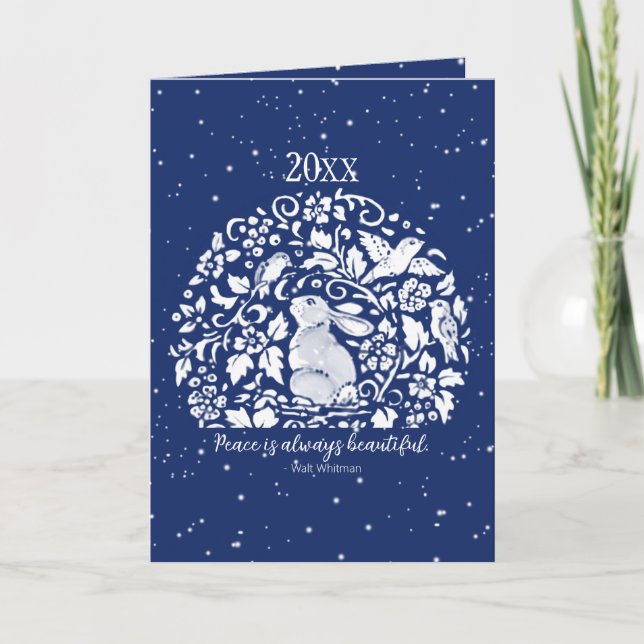 Christmas Holiday Rabbit Blue White Peace Year Card (Front)