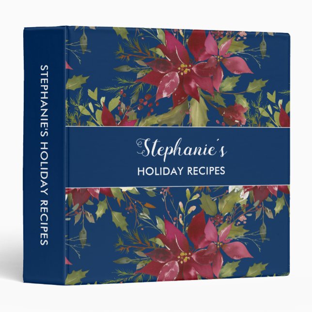 Christmas Holiday Recipe Binder Floral Blue (Front/Spine)