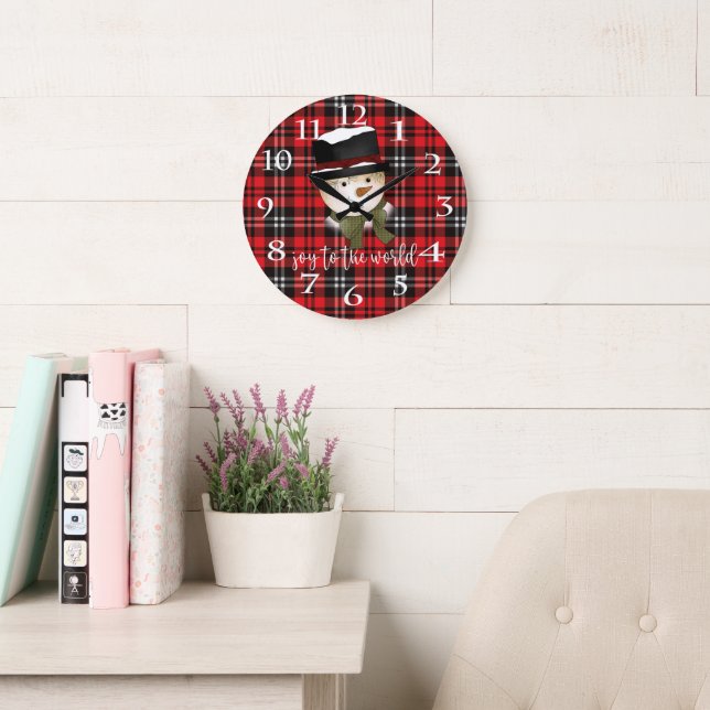 Christmas Holiday Red and Black Tartan Snowman Large Clock (Reading Room)