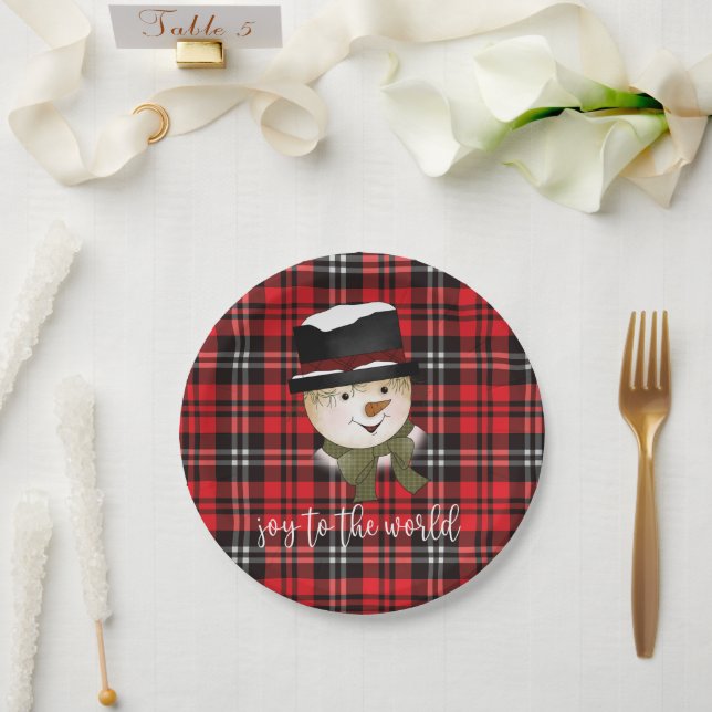 Christmas Holiday Red and Black Tartan Snowman Paper Plate (Wedding)
