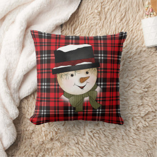 Christmas Holiday Red and Black Tartan Snowman Throw Pillow