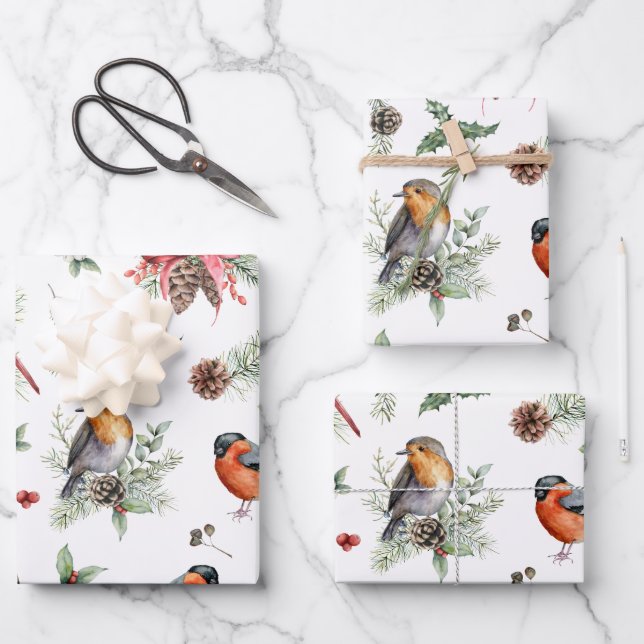Christmas Holiday Red Cardinals Robins Wrapping Paper Sheet (Front)