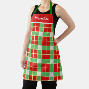 Christmas Holiday Red Green Pattern Gold Trim Apron