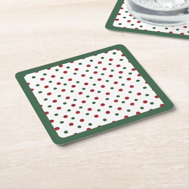 Christmas Holiday Red Green Retro Dots Pattern Square Paper Coaster (Angled)