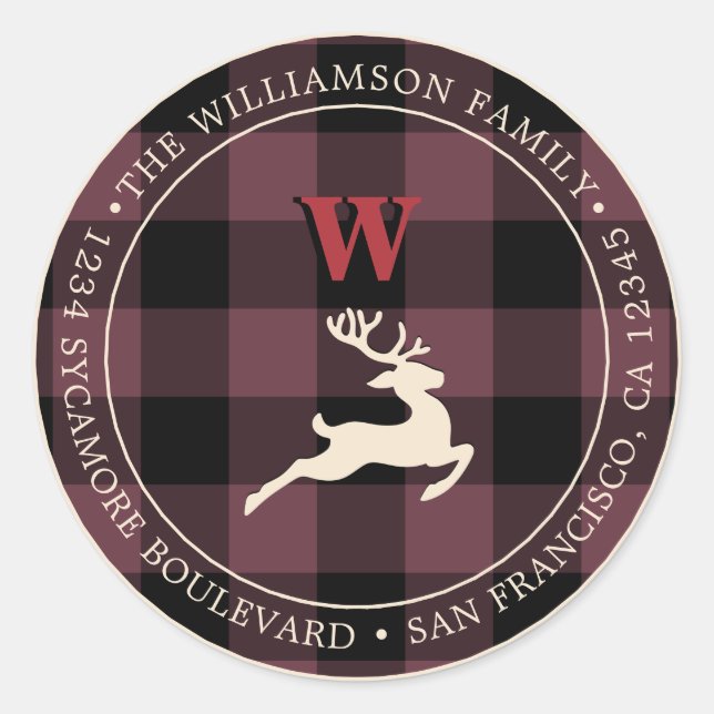 Christmas Holiday Red Monogram Burgundy Gingham Classic Round Sticker (Front)