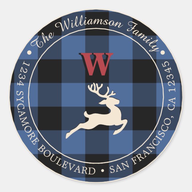 Christmas Holiday Red Monogram Deer Blue Gingham C Classic Round Sticker (Front)