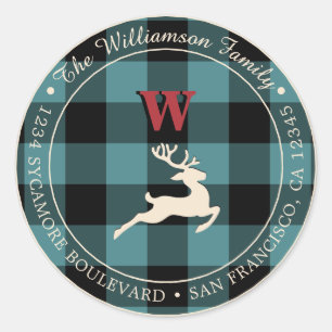Christmas Holiday Red Monogram Teal Gingham Classic Round Sticker