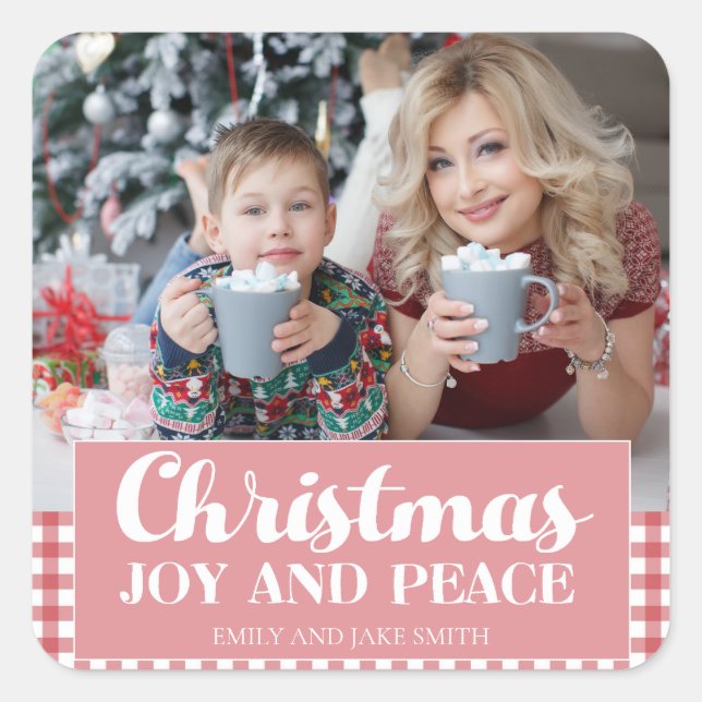 Christmas Holiday Red White Gingham Joy Peace Square Sticker (Front)