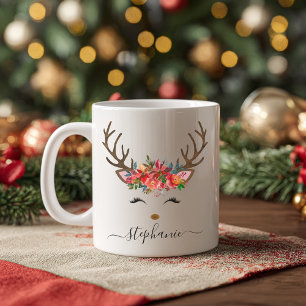 Christmas Holiday Reindeer Floral Personalized Coffee Mug
