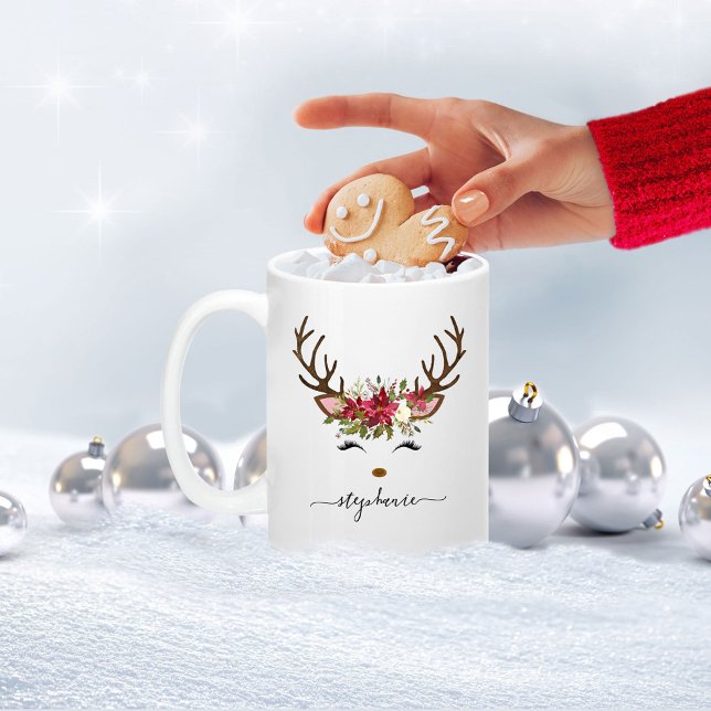 Christmas Holiday Reindeer Floral Personalized Two-Tone Coffee Mug (Creator Uploaded)