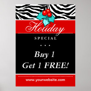 Christmas Holiday Retail Zebra Salon Spa Red Blue Poster